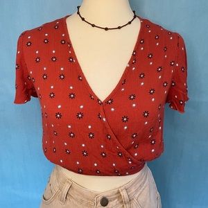Patrons of Peace Burnt Orange Surplice Criss Cross Crop Top w Ditsy Floral